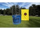 Blue dunk tank rental in Houston with yellow target and red bullseye, perfect for Sugar Land events and parties.