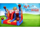 Perfect for Dallas birthday parties, this basketball-themed bounce house rental features dual slides and interactive hoop games