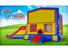 Colorful 3-in-1 obstacle bounce house with slide rental in Houston, ideal for kids' parties in Katy with climbing wall and large