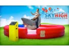 Mechanical shark ride rental in Austin with red and yellow design, perfect for Buda birthday parties and events.