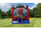 Spider-Man bounce house rental in Dallas with inflatable character toppers, ideal for Plano parties and kids' events.