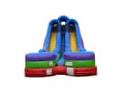 Colorful 18ft retro double water slide rental in Austin with dual slides and splash pool, ideal for Round Rock summer parties.