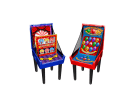 Two illuminated carnival pinball game rentals in Dallas with blue and red bodies, ideal for Garland party entertainment.
