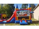 Red, blue, and yellow holiday bounce house rental with slide, ideal for Sugar Land parties.