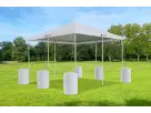 20x20 frame tent rental in Houston with gray steel frame and leg weights, perfect for Katy events accommodating up to 66 guests.