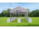 Gray and white 20x50 frame tent rental in Houston with peaked roof, ideal for events accommodating up to 166 guests.