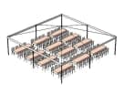 Renta de carpa 30x30 con mesas de banquete para eventos en Houston, ideal para cenas de hasta 72 personas.
