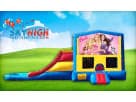 Barbie 3in1 Obstacle bounce house rental in Dallas with dual slides and basketball hoop, ideal for Plano birthday parties.