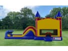Yellow and blue castle obstacle course rental in Houston—wet or dry inflatable perfect for kids' parties in Katy.