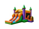 Toddler bounce house rental in Dallas with purple towers and dual slides, ideal for Lewisville birthday parties.