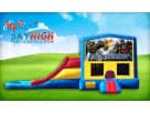 Renta de inflable 3-en-1 Transformers con tobogán rojo en Houston, ideal para fiestas en Kingwood.