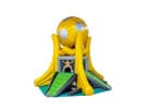 Yellow soccer-themed bounce house rental in Dallas with 4-player interactive game and giant gold ball, ideal for Irving parties.