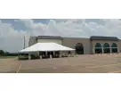 40x60 frame tent rental in Houston with tan and white design, ideal for The Woodlands parties and events.