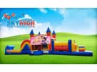 Colorful 50ft Barbie obstacle course rental with wet or dry slide setup in a Dallas field, ideal for Arlington birthday parties.