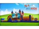 50ft Moana obstacle course rental in Austin with vibrant castle-themed inflatable, ideal for Round Rock parties.
