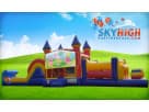 SpongeBob 50ft obstacle course rental in Austin with wet or dry slide, ideal for large backyard parties in San Marcos.