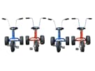 Four blue and red adult tricycles with pneumatic tires available for rental in Dallas, ideal for team building events