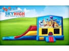 Perfect for Austin birthday parties, this colorful 3in1 Aladdin bounce house rental features a slide and basketball hoop combo.