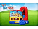 Red and blue Aladdin 4in1 combo bounce house with wet or dry slide rental in Austin, ideal for Pflugerville children's parties.