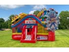 Toddler amusement park bounce house rental in Dallas with carnival midway graphics, perfect for Arlington birthday parties.