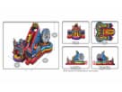 Colorful carnival-themed obstacle course rental in Austin with multiple slides and activity zones, ideal for kid-friendly