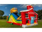 School Bus and Schoolhouse inflatable obstacle course rental in Dallas, perfect for Frisco birthday parties and events.