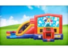 Red and yellow Baby Shark 3-in-1 bounce house combo rental in Dallas, ideal for Frisco celebrations.