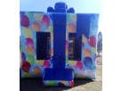 13x13 colorful balloon-themed bounce house rental in Austin, perfect for kids' birthday parties in Kyle with safety netting.