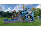 Blue and yellow robot bounce house combo with dual slides available for rental in Dallas—ideal for Arlington birthday parties