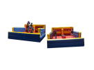Blue and red interactive bounce house rental in Houston with climbing walls, ideal for kids and adults ages 5 and up at Pasadena