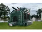 Camo military tank bounce house rental featuring dual cannons, perfect for San Marcos birthday celebrations.