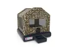 Camo military bounce house rental in Dallas with classic gold and black design, holds 5 to 7 kids, ideal for Grand Prairie