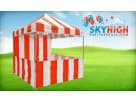 Red and white striped carnival tent rental in Houston with built-in serving counter, ideal for Pasadena parties.