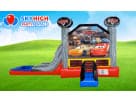Cars-themed bounce house combo with dual slides and basketball hoops available for rental in Austin, ideal for Cedar Park