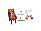 Carnival balloon pop game rental in Dallas with kids table and 8 chairs, ideal for Grand Prairie parties.