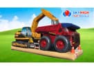 Construction-themed obstacle course rental in Dallas with yellow excavator and red dump truck, perfect for Fort Worth events