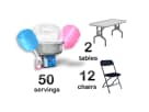 Cotton candy machine rental in Houston with blue and pink floss, 2 tables and 12 chairs, serving 50 portions.