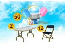 Cotton candy machine rental in Houston with 2 rectangle tables and 12 chairs, perfect for Pasadena parties and events.