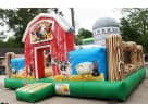 Toddler farm obstacle course rental in Dallas with red barn, silo, and animal graphics—perfect for Mesquite birthday parties.