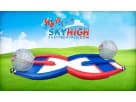 Red and blue hamster ball collision course rental in Houston with two rolling spheres, ideal for ages 4 and up at Spring parties.
