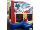 Dallas Christmas-themed red and yellow bounce house rental featuring Santa and snowmen, perfect for Arlington holiday parties.