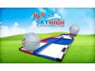 Blue and red hamster ball obstacle course rental in Dallas with two inflatable zorbs, ideal for ages 4 and up at Garland events.