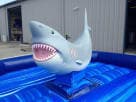 Renta de Mechanical Shark interactivo ideal para fiestas en Dallas, con diseño de tiburón blanco y azul con detalles de dientes
