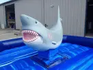 Mechanical Shark interactive ride rental in Dallas with thrilling capacity, featuring white and blue inflatable design with pink