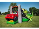 Perfect for toddler dinosaur parties in Dallas, this Dinosaur Land obstacle course rental features a slide, ball pit, and bright