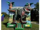 5-7 kid capacity dinosaur bounce house rental in Austin with realistic 3D T-Rex design, ideal for Cedar Park birthday parties.