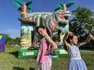 3D Dinosaur bounce house rental in Austin with realistic artwork, holds up to 7 kids, set up at a park ideal for San Marcos