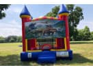 Dinosaur 13x13 bounce house rental in Houston featuring a roaring T-Rex graphic, ideal for Kingwood parties.