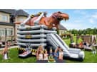 Dinosaur bounce house rental with dual slides at a Houston backyard party, ideal for ages 3-12 in Cypress.