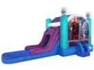 Frozen EZ combo wet or dry slide rental in Austin—turquoise and purple bounce house with water slide ideal for Cedar Park parties.
